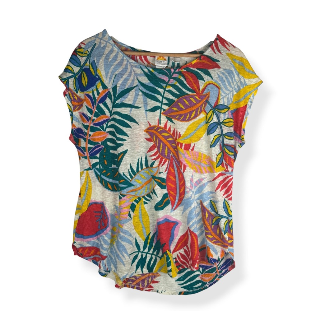 C&C California 100% Linen Tunic Tank Top Womens Size Large Tropical Boho Resort